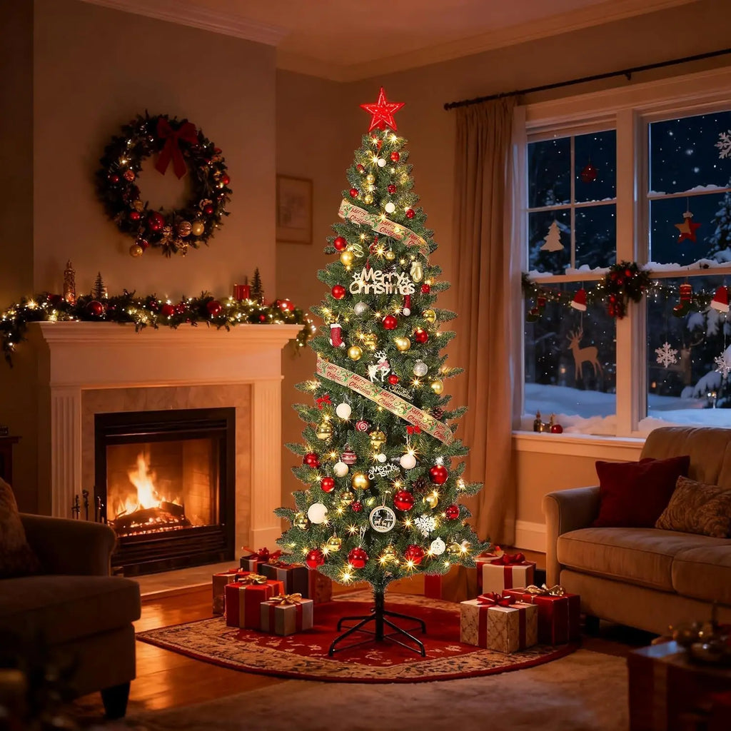 Tacleekii 4.5FT -9 FT Artificial Christmas Tree with Lights 9 Adjustment Modes Prelit Pencil Tree for Home Office Decor Skinny Space-Saving Holiday Xmas Tree with Warm LEDs, Easy Assembly