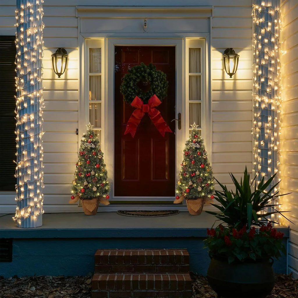3ft Artificial Christmas Tree Pre Lit with 78 LED Lights Snow Flocked Mini Xmas Tree Tabletop Potted Tree with Burlap Base Red Berries Pine Cones for Home Office Holiday Decor