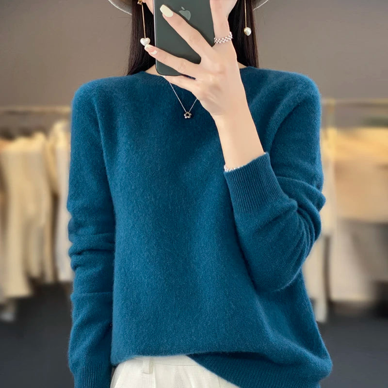 New Cashmere Sweater for Women in Autumn and Winter 100% Merino Wool Fashion O-neck Warm Pullover Top