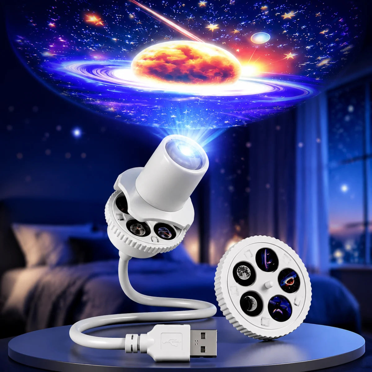 Starry Sky Light USB Plug in 360°Rotating Projector Night Light Bedroom Creative LED Night Light Moon Star Atmosphere Night Lamp
