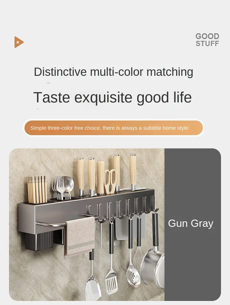 Wall-Mounted Kitchen Storage Rack – Steel Organizer for Knives, Chopsticks & Utensils