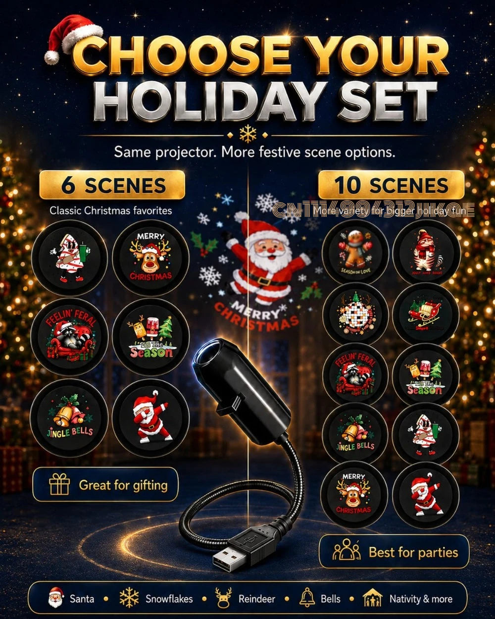 Plug-&-Play HD Christmas Projector - with 360° Rotating, 5D Holographic Night Light Projector for Room Decor Party Xmas Gifts