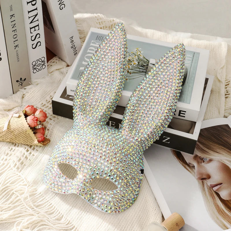 Rabbit Party Masquerade Glitter Mask for Women Theater Performances Full Acrylic Rhinestone Face Mask Costume for Photo Shoots