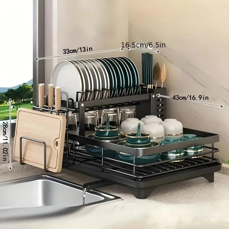 2-Tier Extendable Stainless Steel Dish Drying Rack with Drainboard – Large Capacity Kitchen Organizer