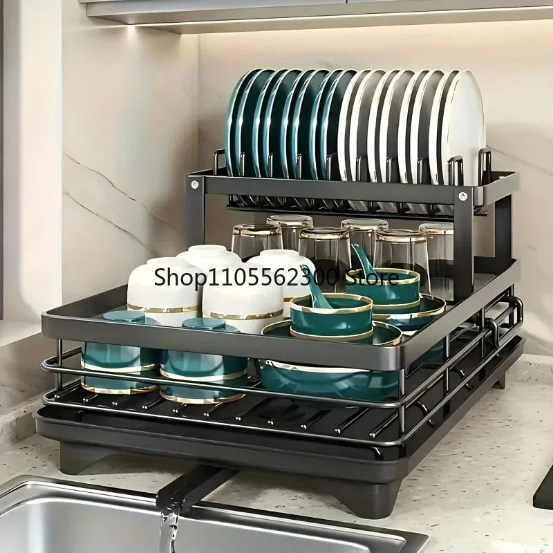 2-Tier Extendable Stainless Steel Dish Drying Rack with Drainboard – Large Capacity Kitchen Organizer