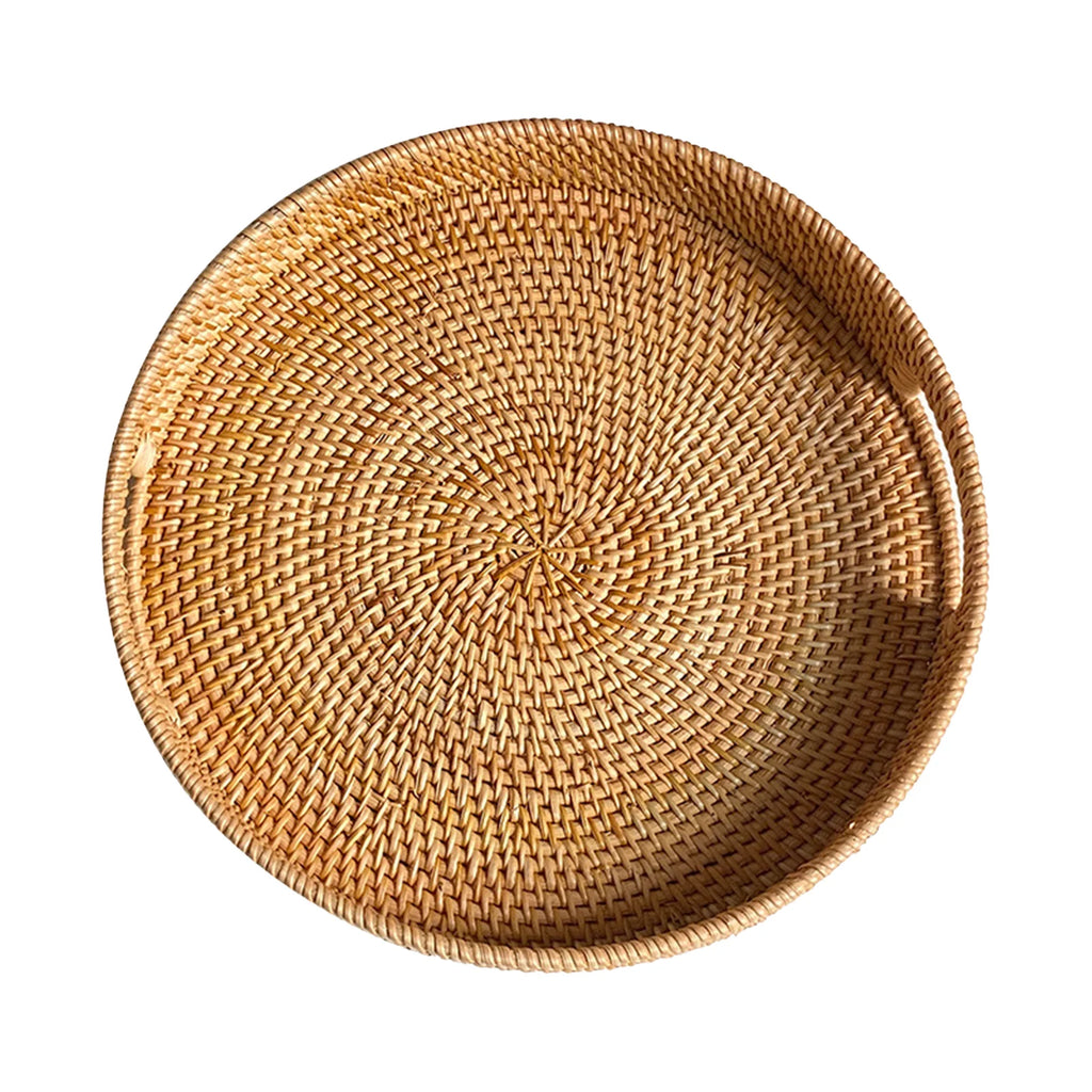 Handwoven Round Rattan Serving Tray Decorative Woven Basket Food Serving Basket for Storage Bread Fruit Breakfast Snacks