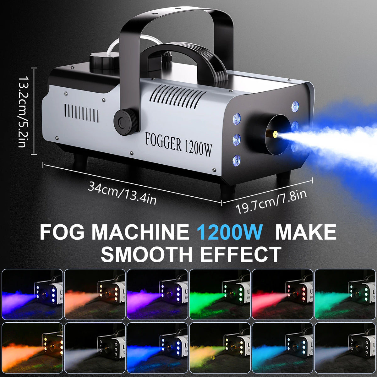 1200W Smoke Machine RGB 6LEDs Lighting Fog Machine Remote Control Stage Smoke Haze Generator for Disco Party Nightclub Wedding