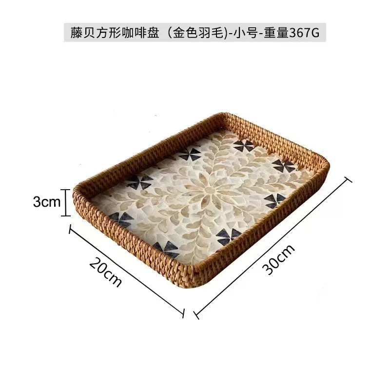 Natural Handwoven Rattan Shell Tray for Home Kitchen Decorative Storage Serving