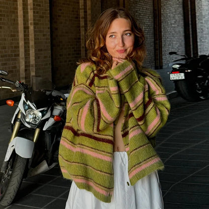Casual Striped Women's Cardigan 2026 Autumn Loose Contrast Single Breasted O-neck Long Sleeve Knitted Female Fashion Sweater