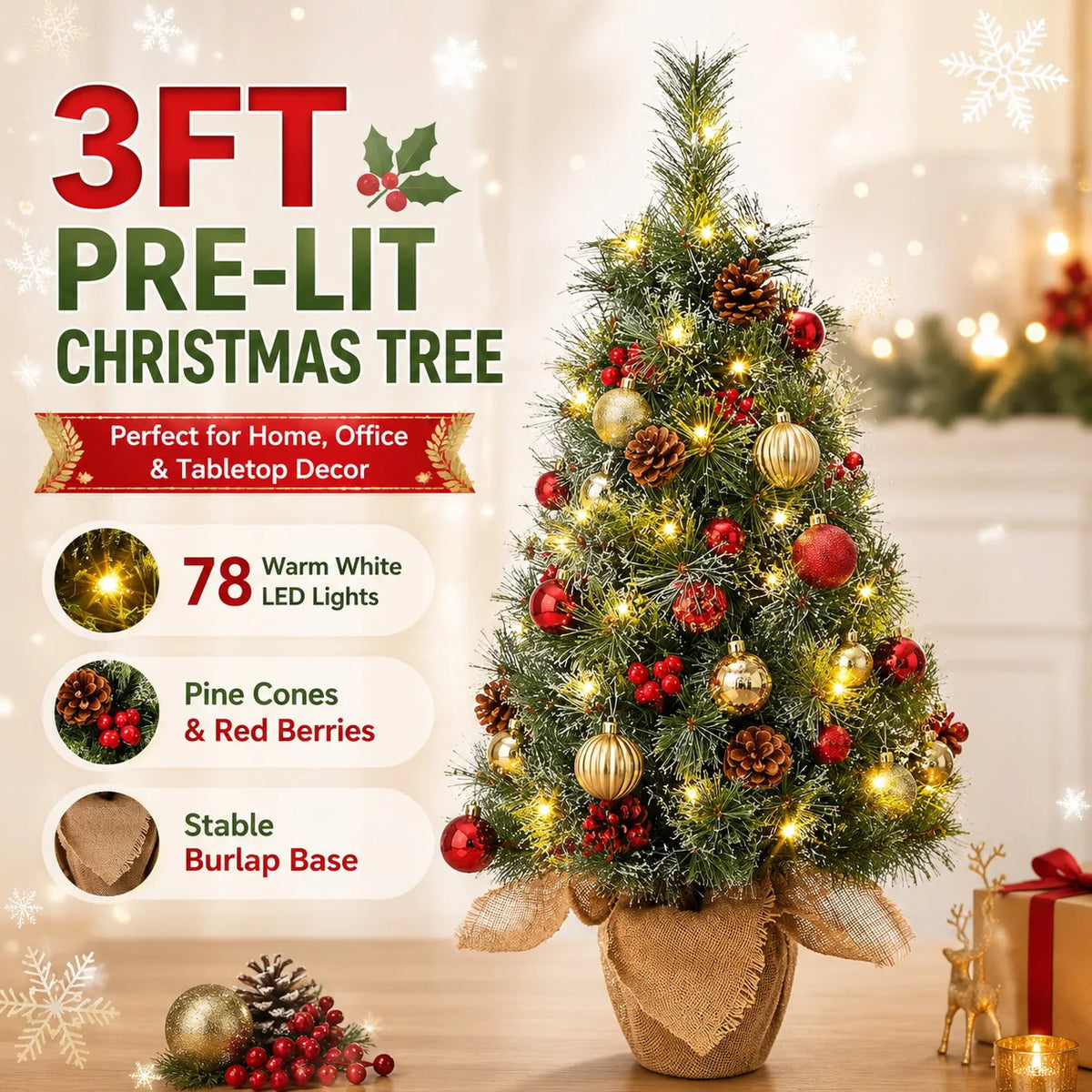 3ft Artificial Christmas Tree Pre Lit with 78 LED Lights Snow Flocked Mini Xmas Tree Tabletop Potted Tree with Burlap Base Red Berries Pine Cones for Home Office Holiday Decor