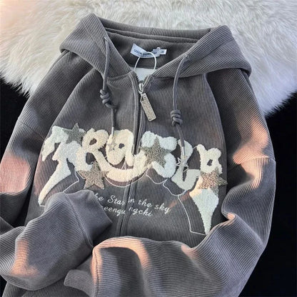 Women's Embroidered Zip-Up Hoodie Loose Fit Casual Jacket