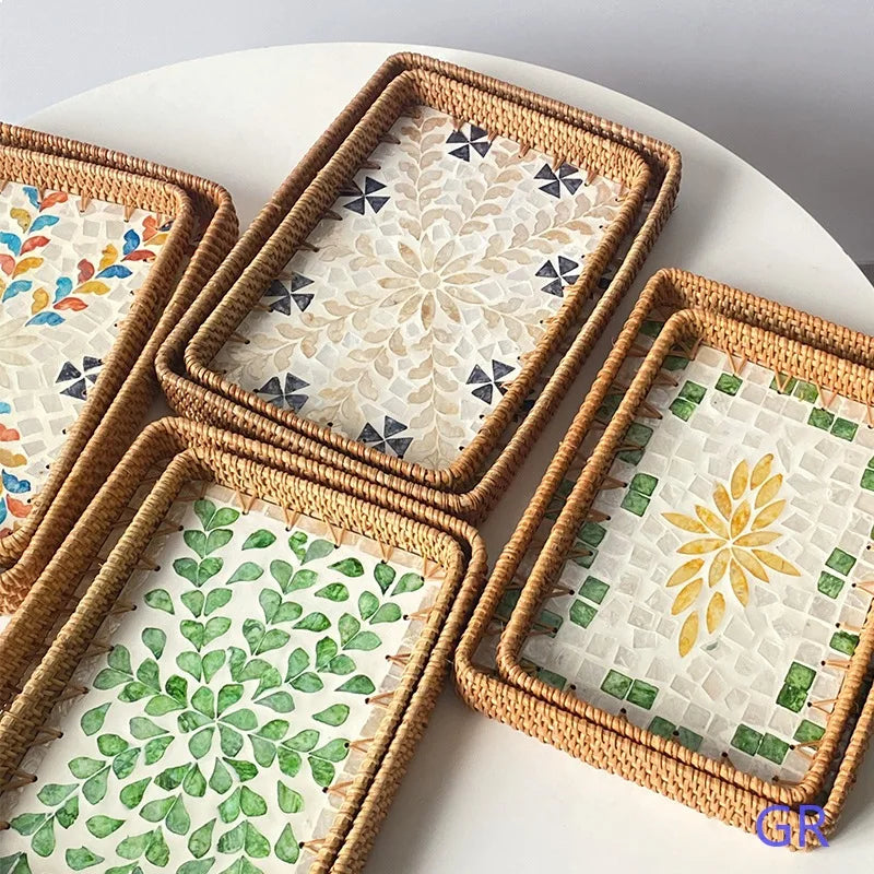 Natural Handwoven Rattan Shell Tray for Home Kitchen Decorative Storage Serving