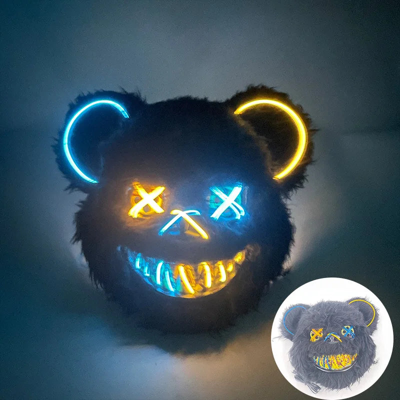 Halloween Horror Light Up Mask Glowing Bloody Bear Killer Mask Flashing Neon Scary Bear Mask for Cosplay Mask Purim Props
