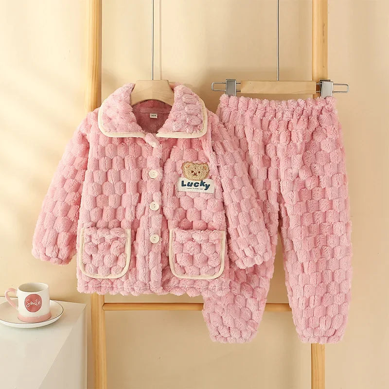 New Kids Boys Girls Autumn Winter Flannel Thicken Pajamas Baby Cartoon Long Sleeve Lapel Tops with Pants Sleeping Clothing Sets
