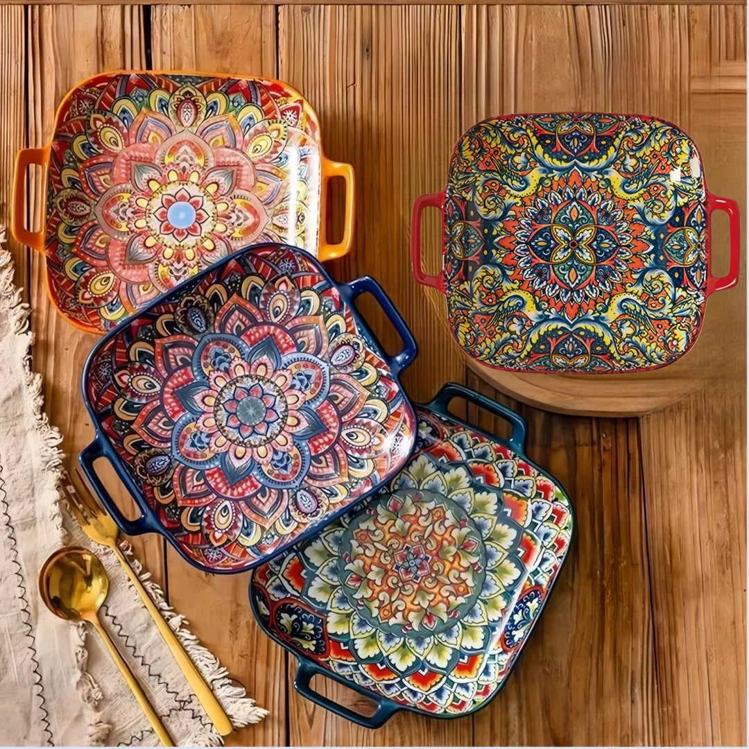 Bohemian Double Ear Square Ceramic Plate Creative Household Dish Plate Net Red Fruit Spaghetti Plate Oven Microwave Oven-9inch