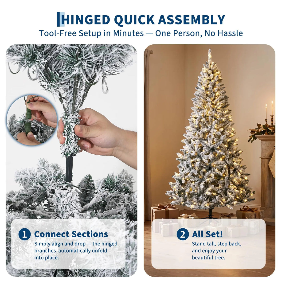 6Ft/7.5Ft Pre-Lit Flocked Christmas Tree, 200/400 Warm White Lights, 508/900 Tips, Snowy Artificial Tree With Metal Stand