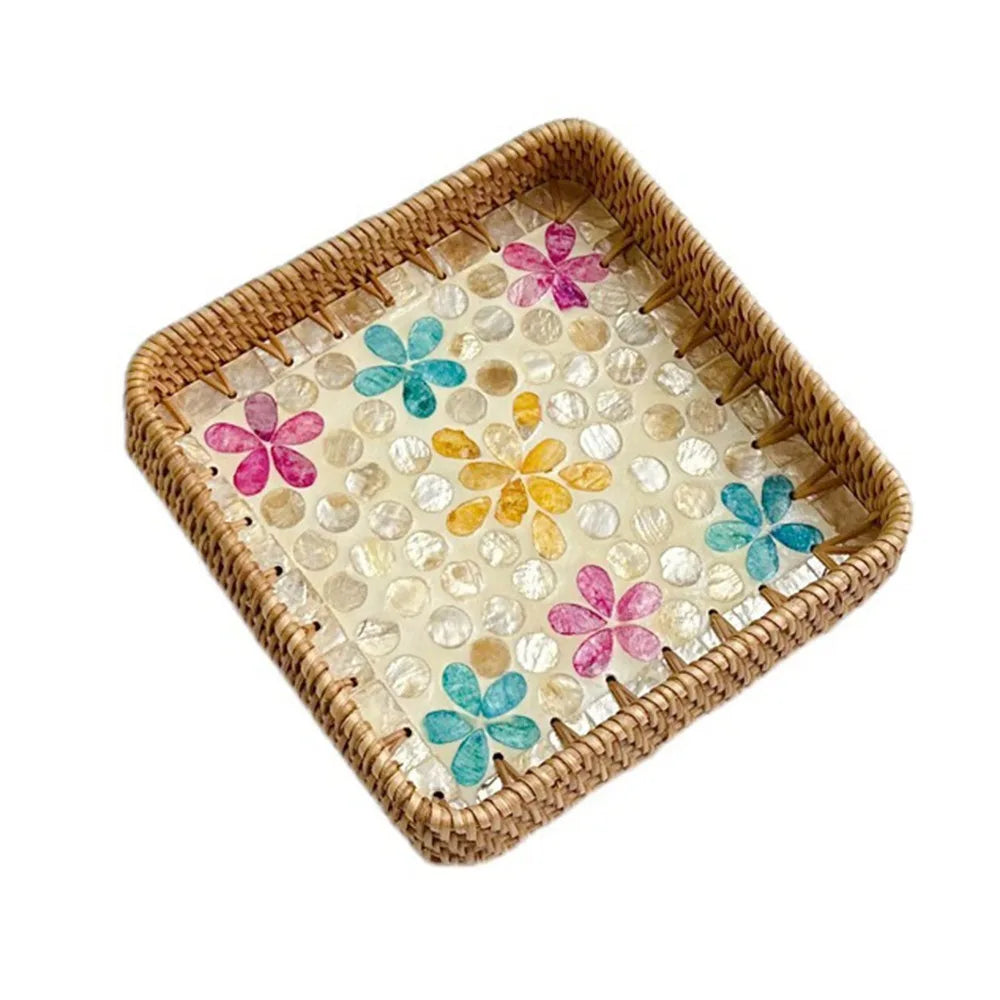 Hand Woven Splicing Shell Rattan Basket Rattan Weaving Colorful Weaving Fruit Basket Household Decorative Rattan Shell Tray