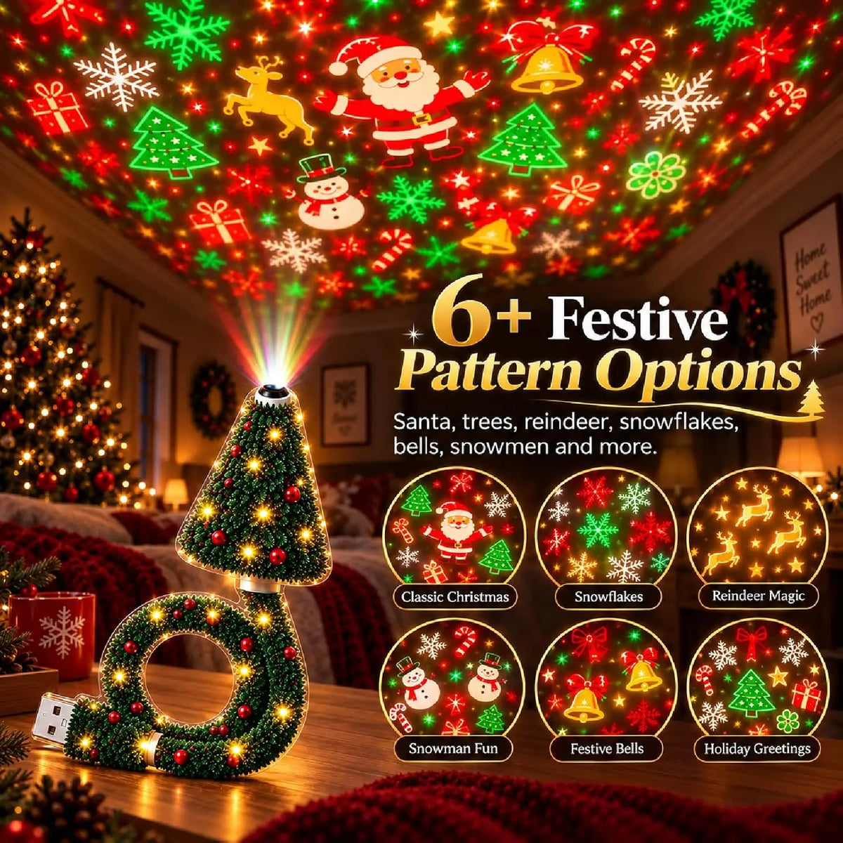 Plug and Play Hd Christmas Projector with 6/10 Festive Scenes,Hd Christmas Scene Projector, 5d Holographic Night Light Projector
