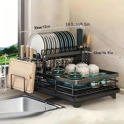 2-Tier Extendable Stainless Steel Dish Drying Rack with Drainboard – Large Capacity Kitchen Organizer