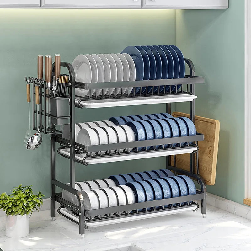 2-3 Tier Steel Dish Drying Rack with Drainage System – Kitchen Storage Organizer for Plates & Utensils