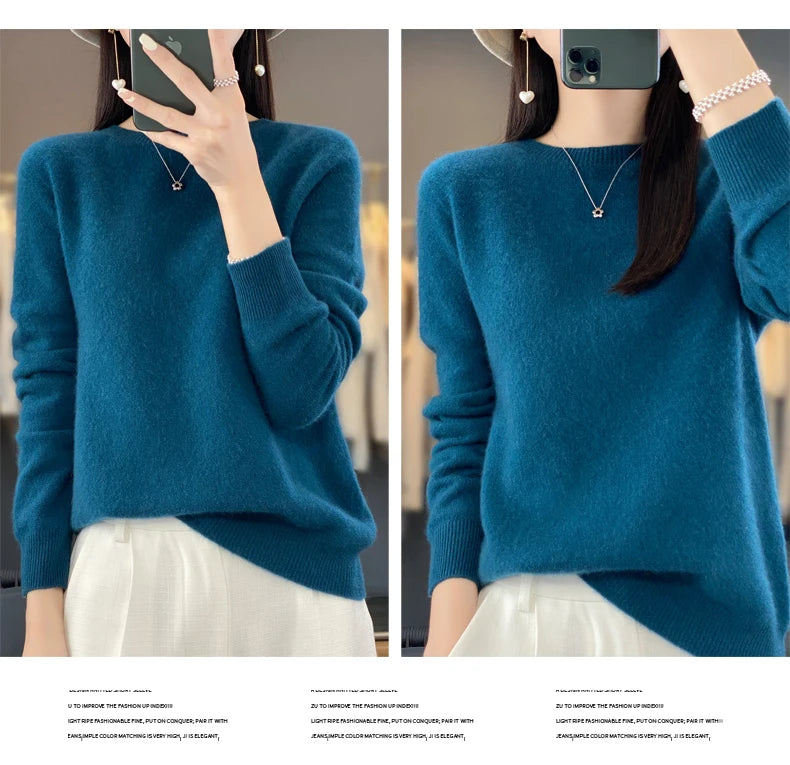 New Cashmere Sweater for Women in Autumn and Winter 100% Merino Wool Fashion O-neck Warm Pullover Top