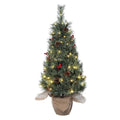 3ft Artificial Christmas Tree Pre Lit with 78 LED Lights Snow Flocked Mini Xmas Tree Tabletop Potted Tree with Burlap Base Red Berries Pine Cones for Home Office Holiday Decor