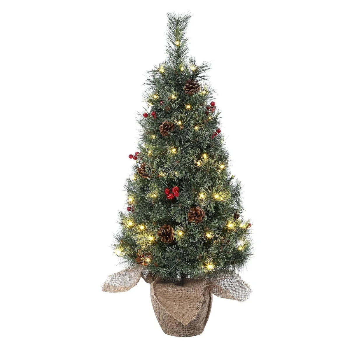 3ft Artificial Christmas Tree Pre Lit with 78 LED Lights Snow Flocked Mini Xmas Tree Tabletop Potted Tree with Burlap Base Red Berries Pine Cones for Home Office Holiday Decor