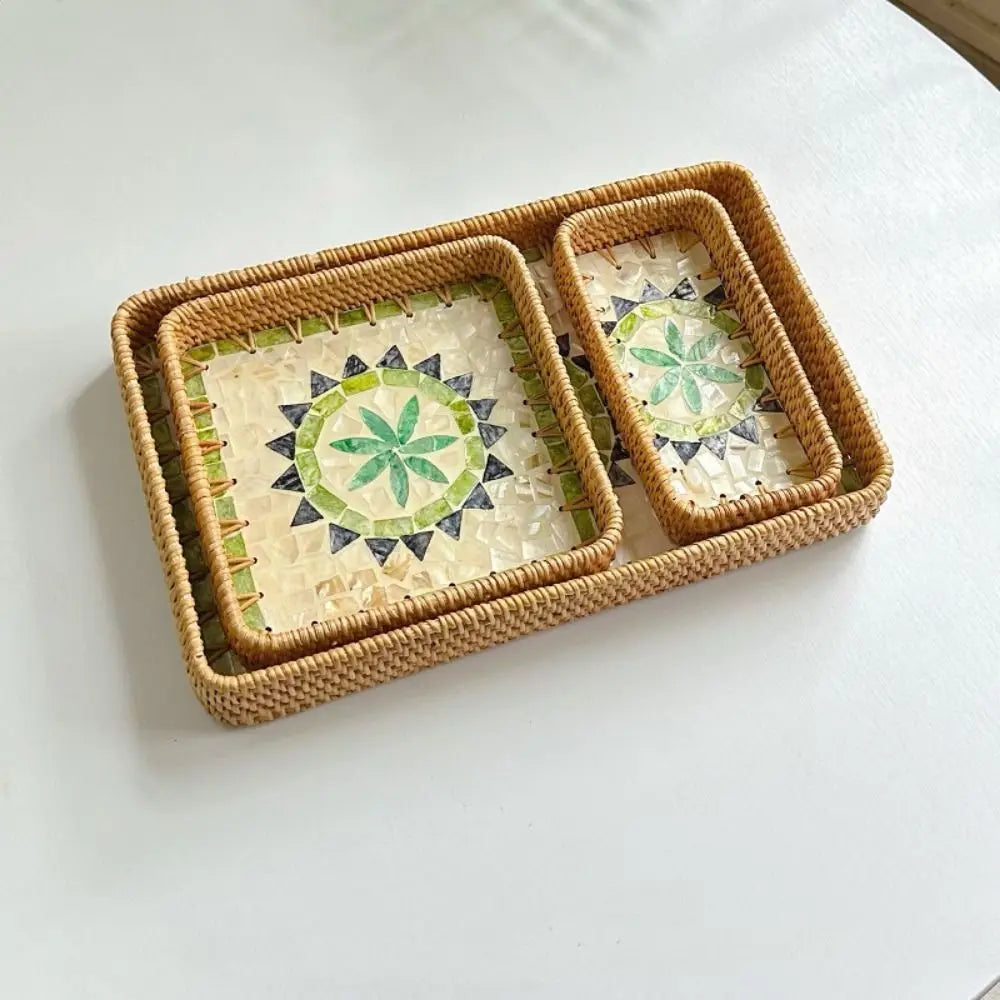 Hand Woven Splicing Shell Rattan Basket Rattan Weaving Colorful Weaving Fruit Basket Household Decorative Rattan Shell Tray