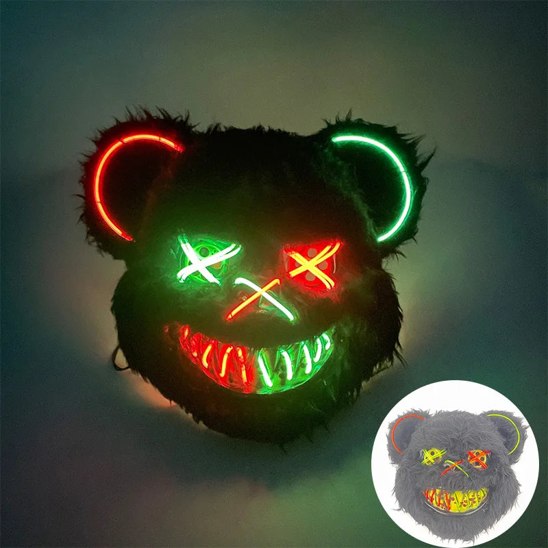 Halloween Horror Light Up Mask Glowing Bloody Bear Killer Mask Flashing Neon Scary Bear Mask for Cosplay Mask Purim Props