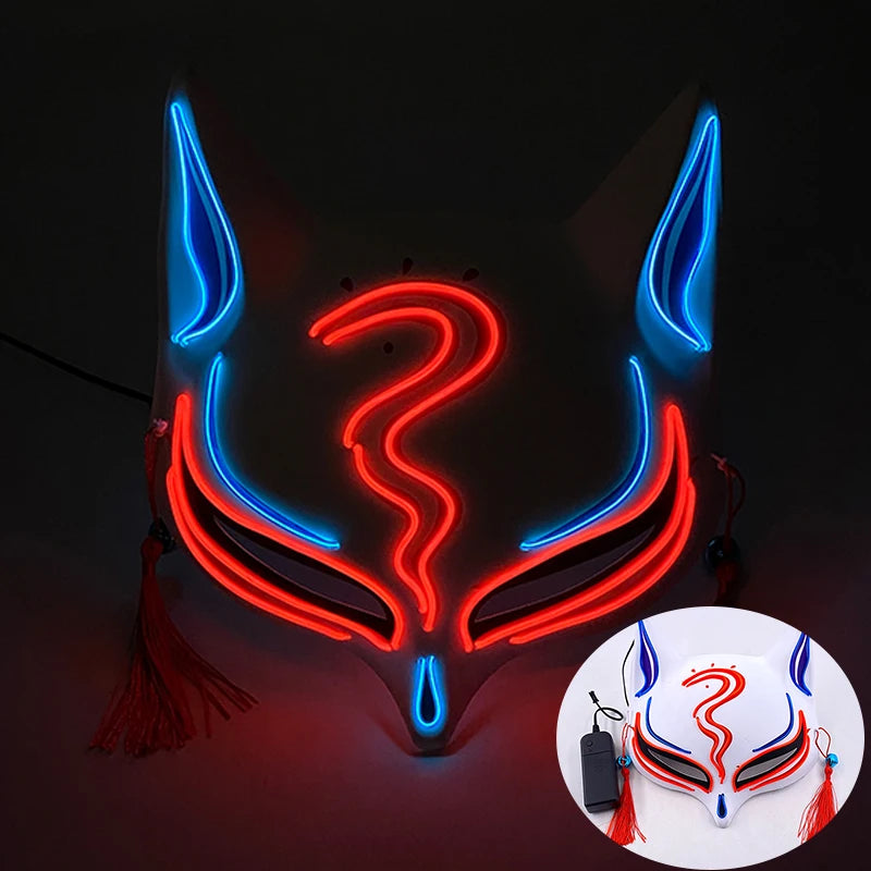 Holiday Light Up Neon Half Face Mask Flashing in Dark Fox Mask Halloween LED Luminous Fox Mask for Women Girl Cosplay Props