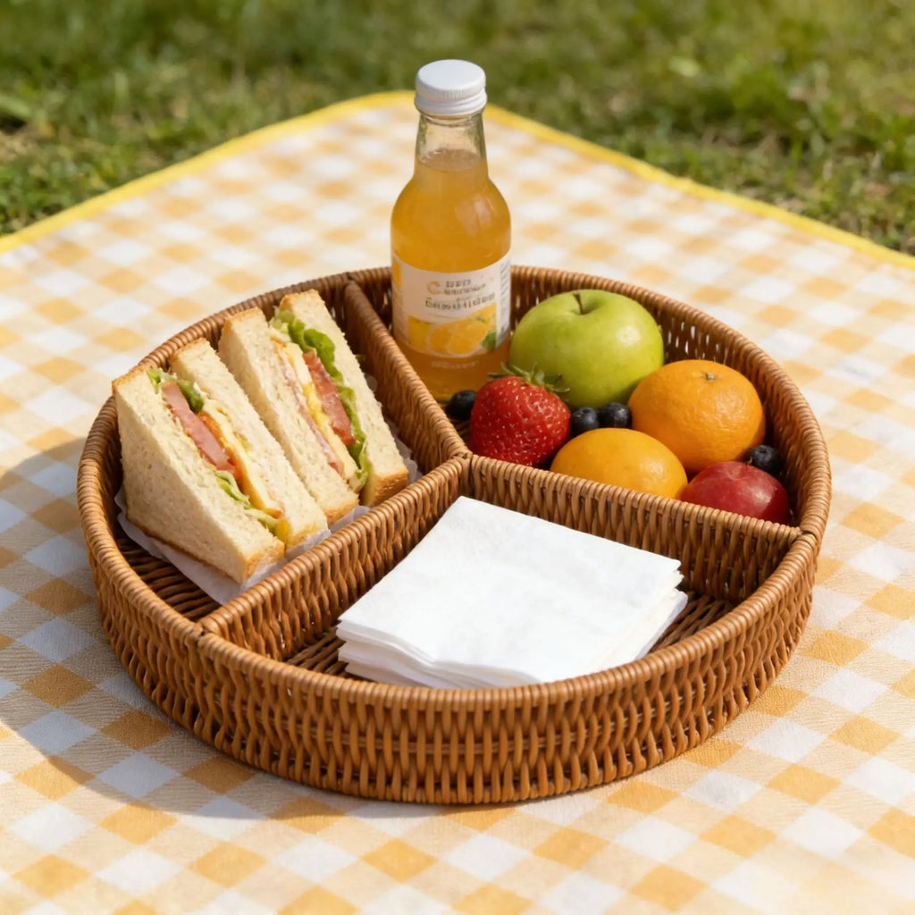 Divided Imitation Rattan Snack Basket Handwoven Serving Tray Boho Rustic Organizer For Home Party Hotel Kitchen Table Decor