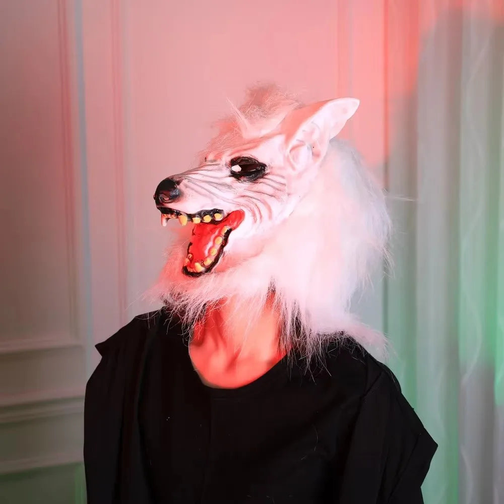 White Wolf PVC Mask with Fluffy Fur Scary Werewolf Head Mask Halloween Cosplay Costume Party Props Horror Animal Mask for Adul