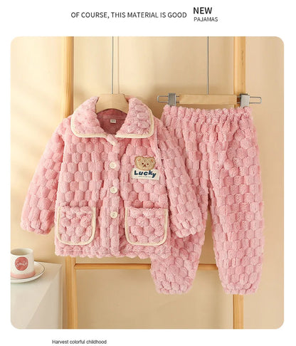 New Kids Boys Girls Autumn Winter Flannel Thicken Pajamas Baby Cartoon Long Sleeve Lapel Tops with Pants Sleeping Clothing Sets