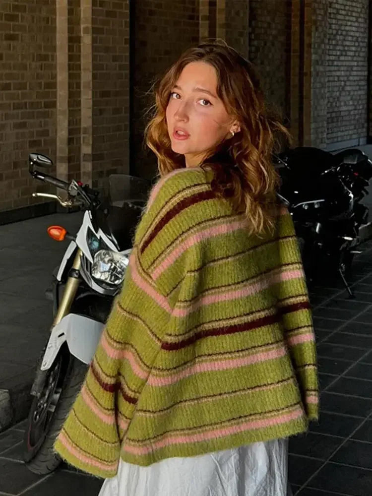 Casual Striped Women's Cardigan 2026 Autumn Loose Contrast Single Breasted O-neck Long Sleeve Knitted Female Fashion Sweater