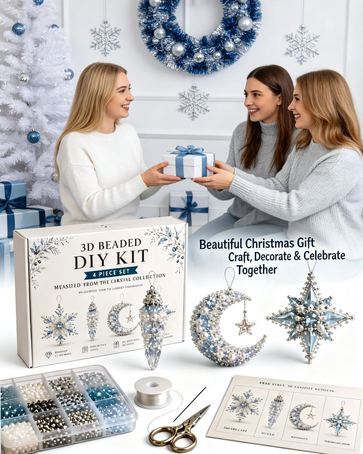 4-piece Christmas bead decoration DIY set, snowflake shaped decoration suitable for adults as Christmas party decoration or gift