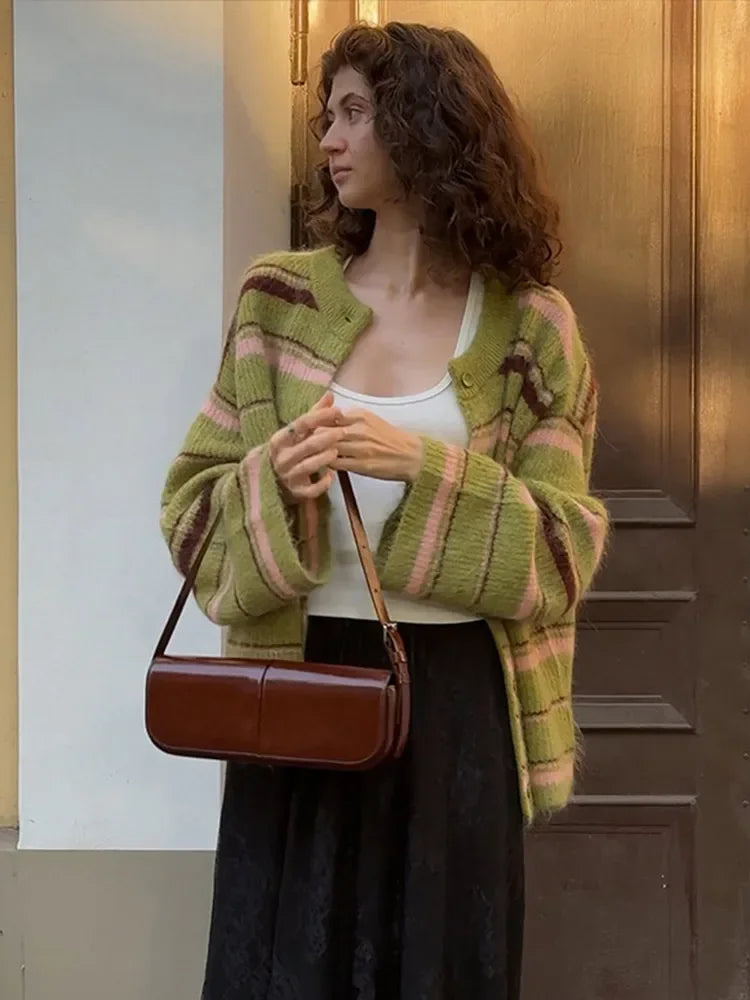 Casual Striped Women's Cardigan 2026 Autumn Loose Contrast Single Breasted O-neck Long Sleeve Knitted Female Fashion Sweater
