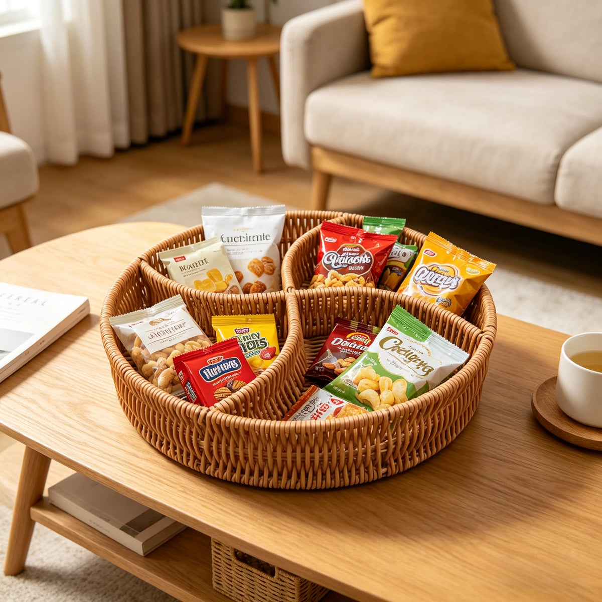 Divided Imitation Rattan Snack Basket Handwoven Serving Tray Boho Rustic Organizer For Home Party Hotel Kitchen Table Decor