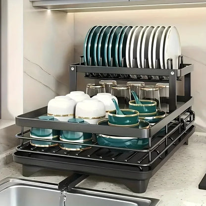 2-Tier Extendable Stainless Steel Dish Drying Rack with Drainboard – Large Capacity Kitchen Organizer