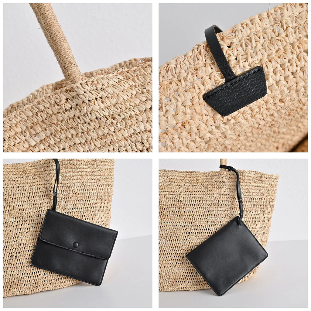 Luxury Raffia Straw Tote Bag for Women Stylish Designer Handmade Natural Material Large Capacity Handbags with Small Leather Bag