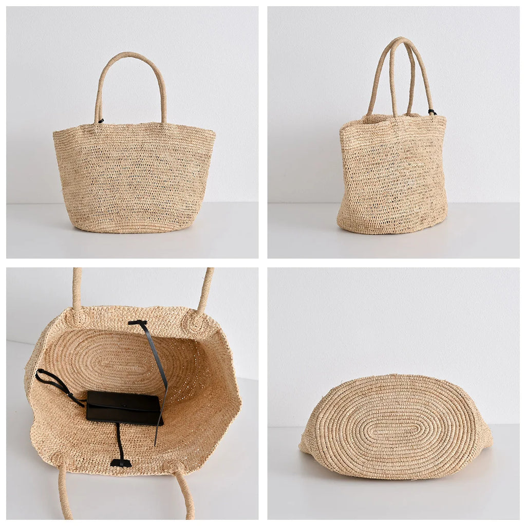 Luxury Raffia Straw Tote Bag for Women Stylish Designer Handmade Natural Material Large Capacity Handbags with Small Leather Bag