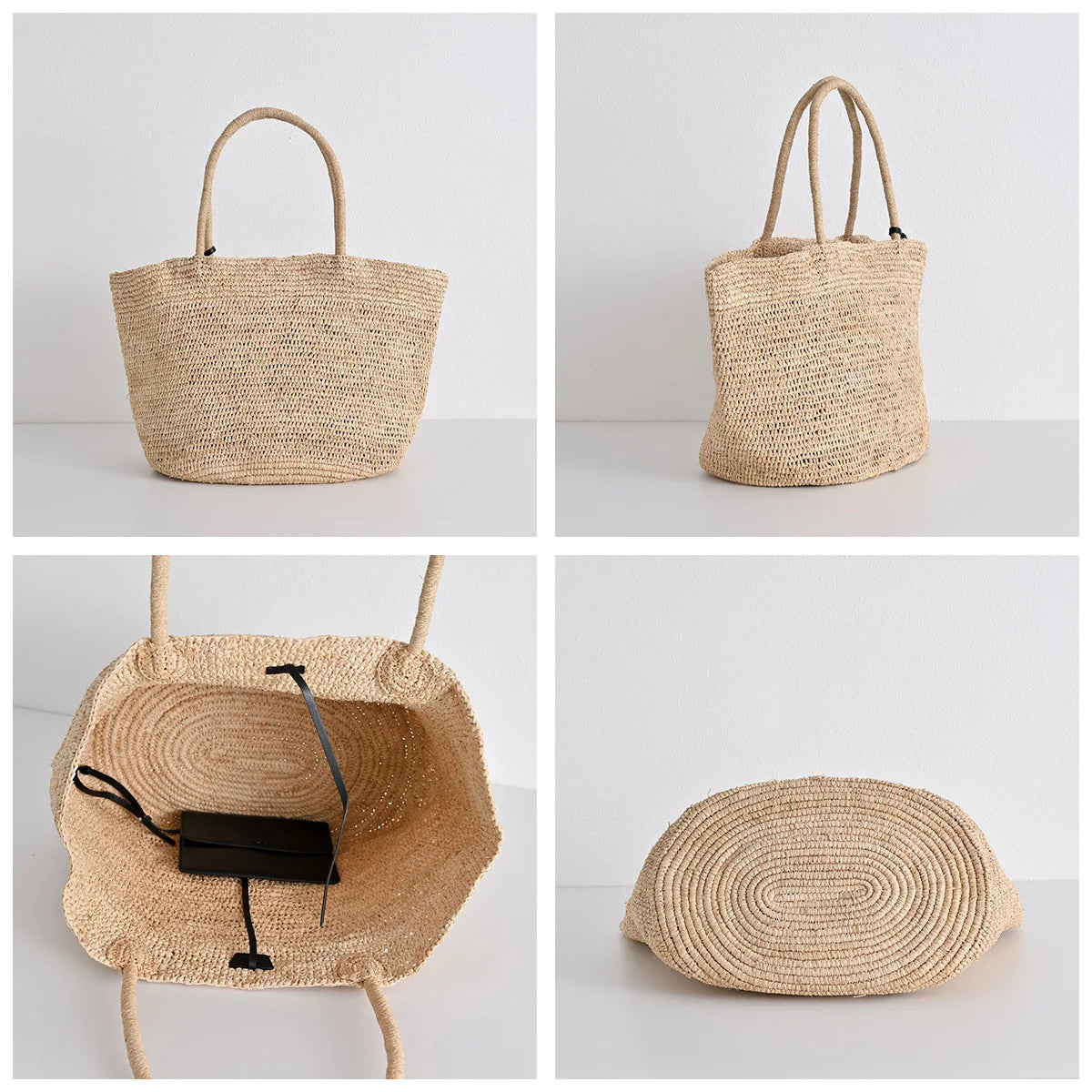 Luxury Raffia Straw Tote Bag for Women Stylish Designer Handmade Natural Material Large Capacity Handbags with Small Leather Bag