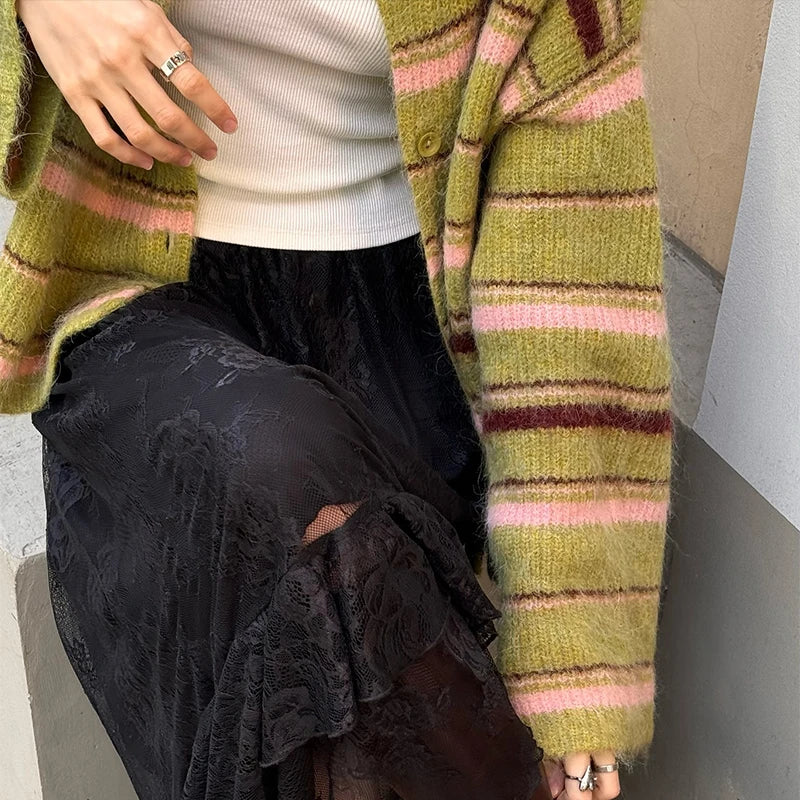 Casual Striped Women's Cardigan 2026 Autumn Loose Contrast Single Breasted O-neck Long Sleeve Knitted Female Fashion Sweater
