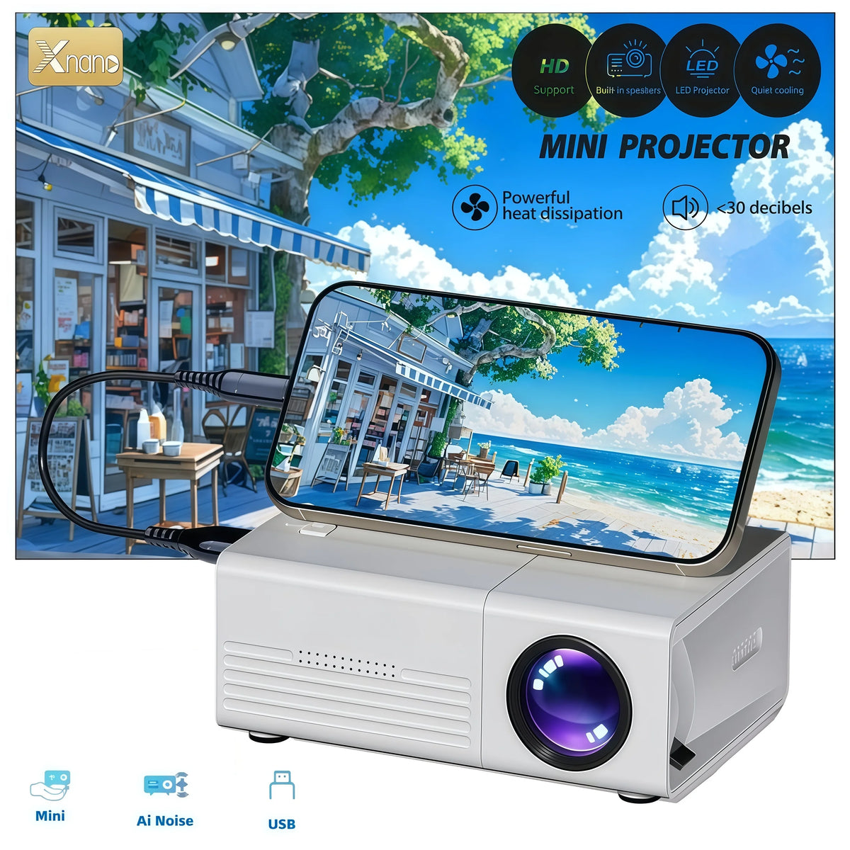 XNANO Q1 Portable Mini Projector, USB Wired Connection, AI Noise Reduction, 100-Inch Screen, Manual Focus, Keystone Correction, Low Latency, HD Home Theater, Gaming, Outdoor Movie Projector for the Bedroom, Travel, and Campin