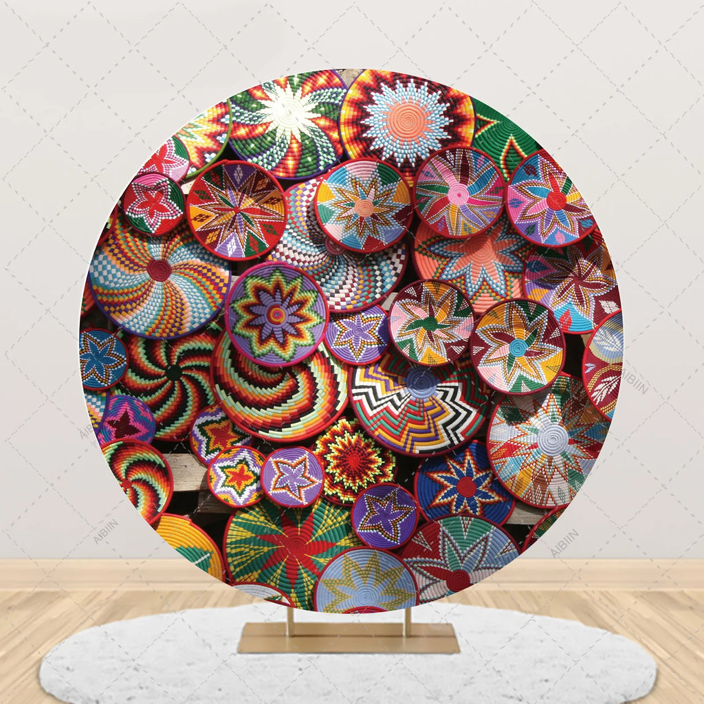 Traditional Ethiopian Basket Pattern Round Backdrop Cover Floral Wedding Birthday Party Decor Portrait Photography Background
