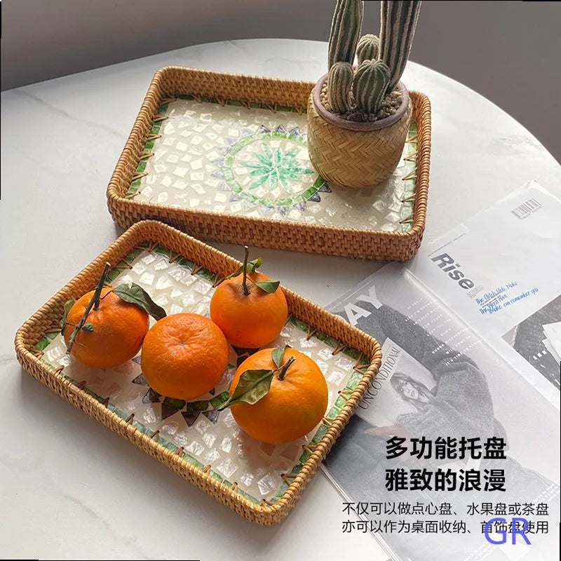 Natural Handwoven Rattan Shell Tray for Home Kitchen Decorative Storage Serving