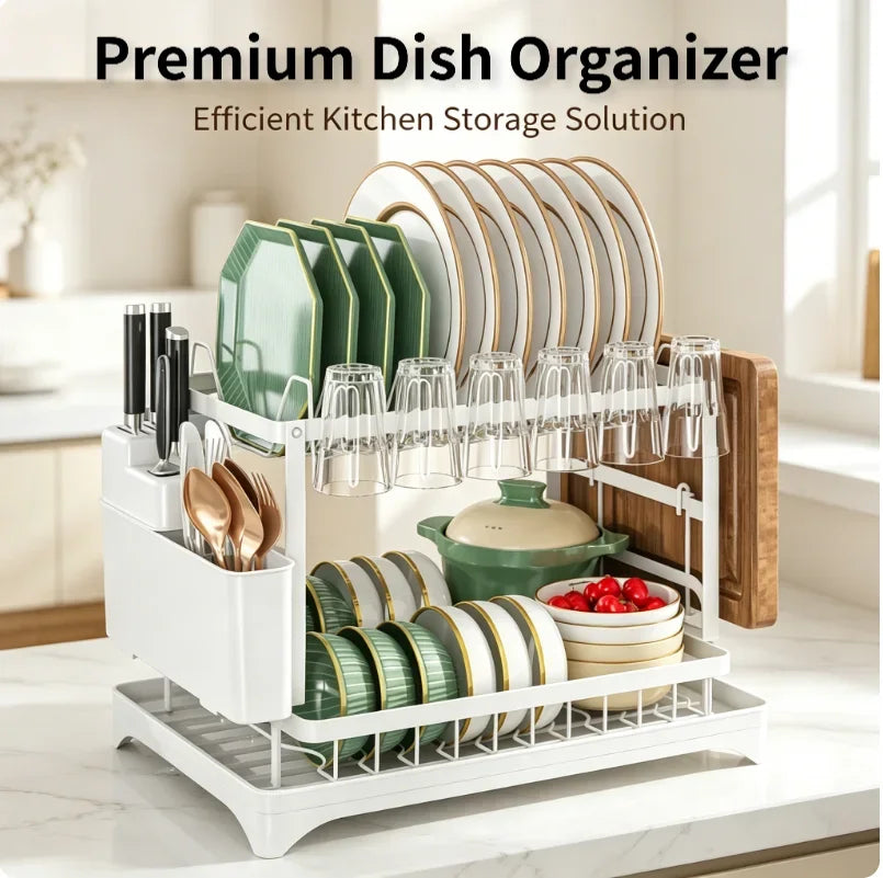 2-Tier Stainless Steel Dish Drying Rack with Drainboard – Rustproof Kitchen Counter Organizer