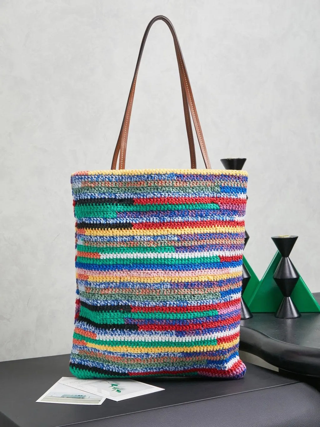 2026 Summer New Colorful Striped Yarn Handwoven Bag, Large Capacity Crochet Tote Shoulder Bag for Women Travel Beach Casual Shop