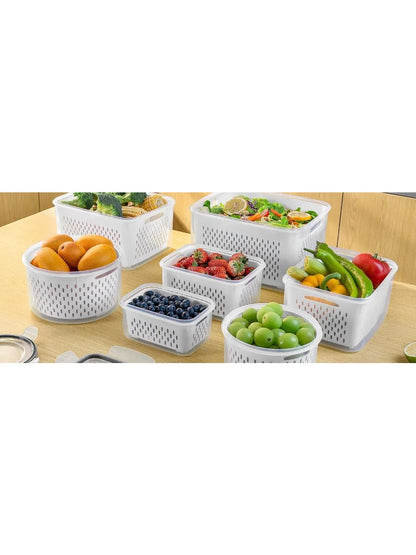 6-Piece Refrigerator Food Storage Container Set with Drain Basket – Sealed Fruit & Vegetable Boxes