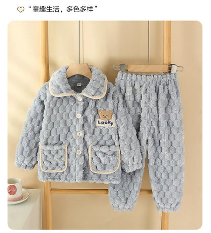 New Kids Boys Girls Autumn Winter Flannel Thicken Pajamas Baby Cartoon Long Sleeve Lapel Tops with Pants Sleeping Clothing Sets