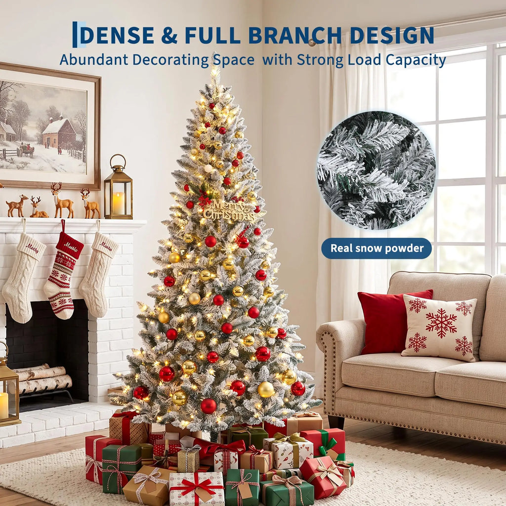 6Ft/7.5Ft Pre-Lit Flocked Christmas Tree, 200/400 Warm White Lights, 508/900 Tips, Snowy Artificial Tree With Metal Stand